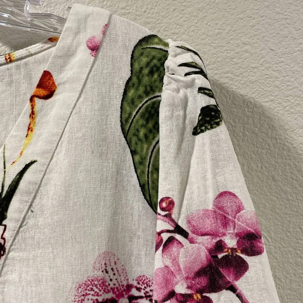 CYNTHIA ROWLEY NWT "Botanical" Sht Sleeve Linen Blend Mini Dress, Ivory/Multi L - Picture 7 of 12